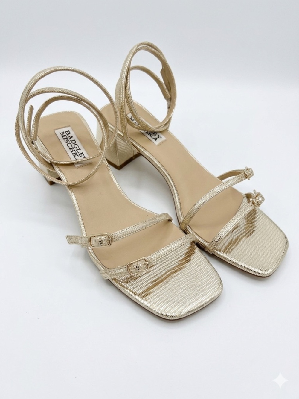 Badgley Mischka Dania Gold Snake Strappy Block Heels Sandal Square Toe Size 6